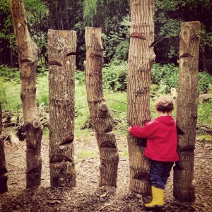 logs etched with steps and little boy